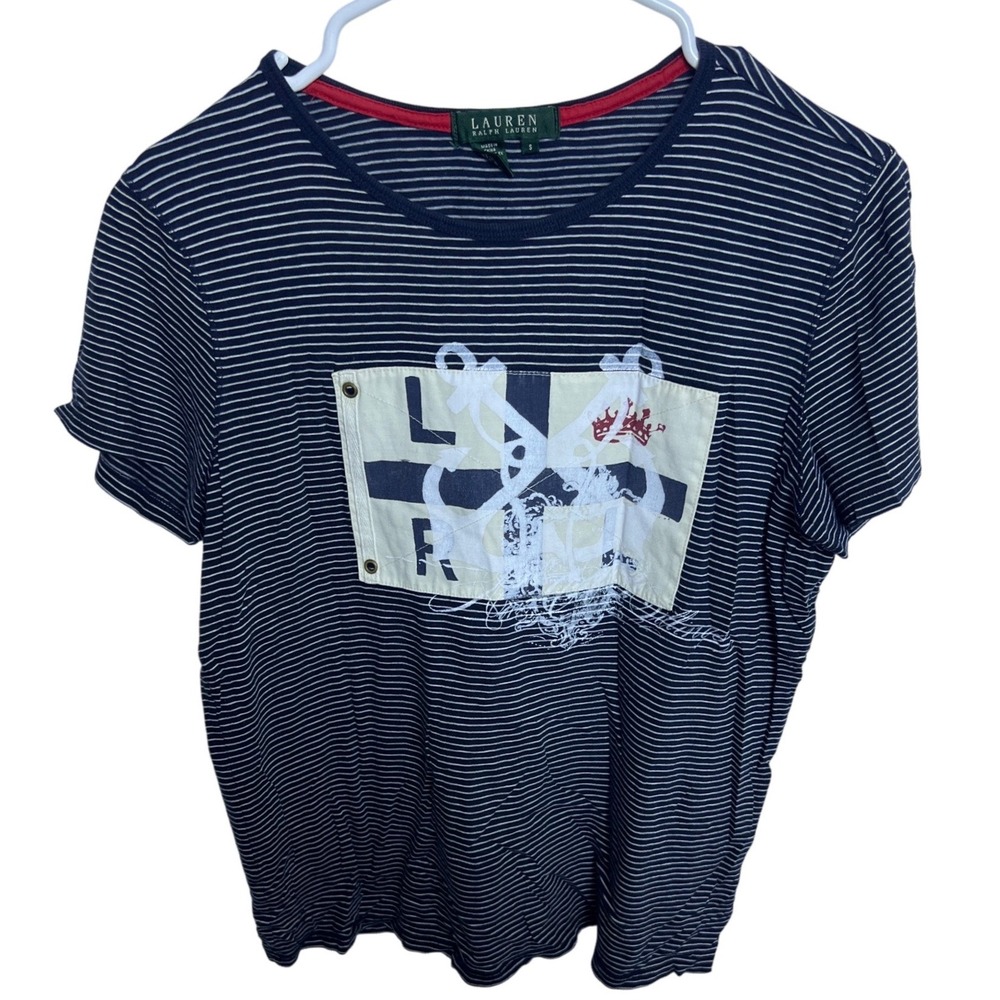 Lauren Ralph Lauren Womens Navy White Striped Nautical Graphic Patch Tee S Yacht
